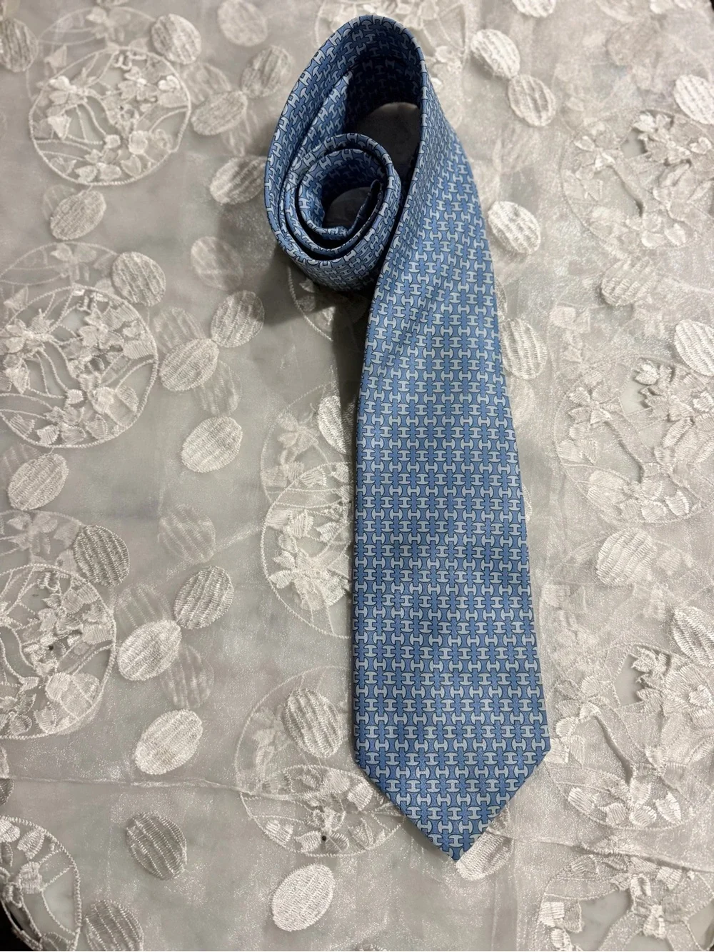 Hermes Light Blue Silk Tie with Geometric Interlocking Motif